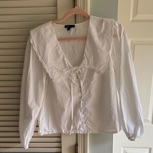 100% cotton White Scalloped Blouse with Tie Front